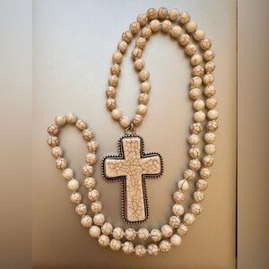 Long Stone Beads Cross Pendant Necklace Boho Bohemian Sweater Necklace Natural